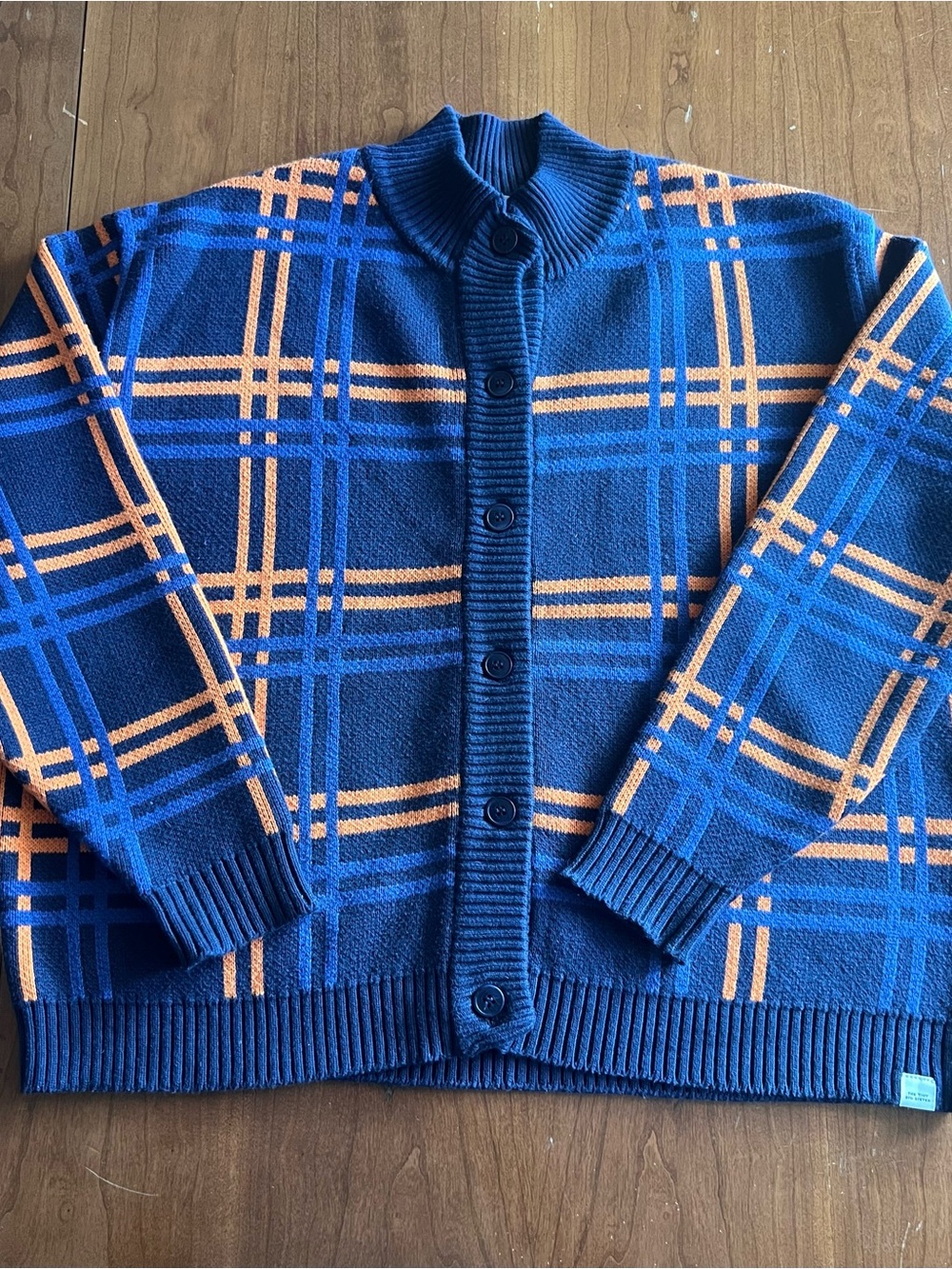 The Tiny Big Sister Blue & Orange Plaid Cardigan. Cotton & Merino Wool size36
